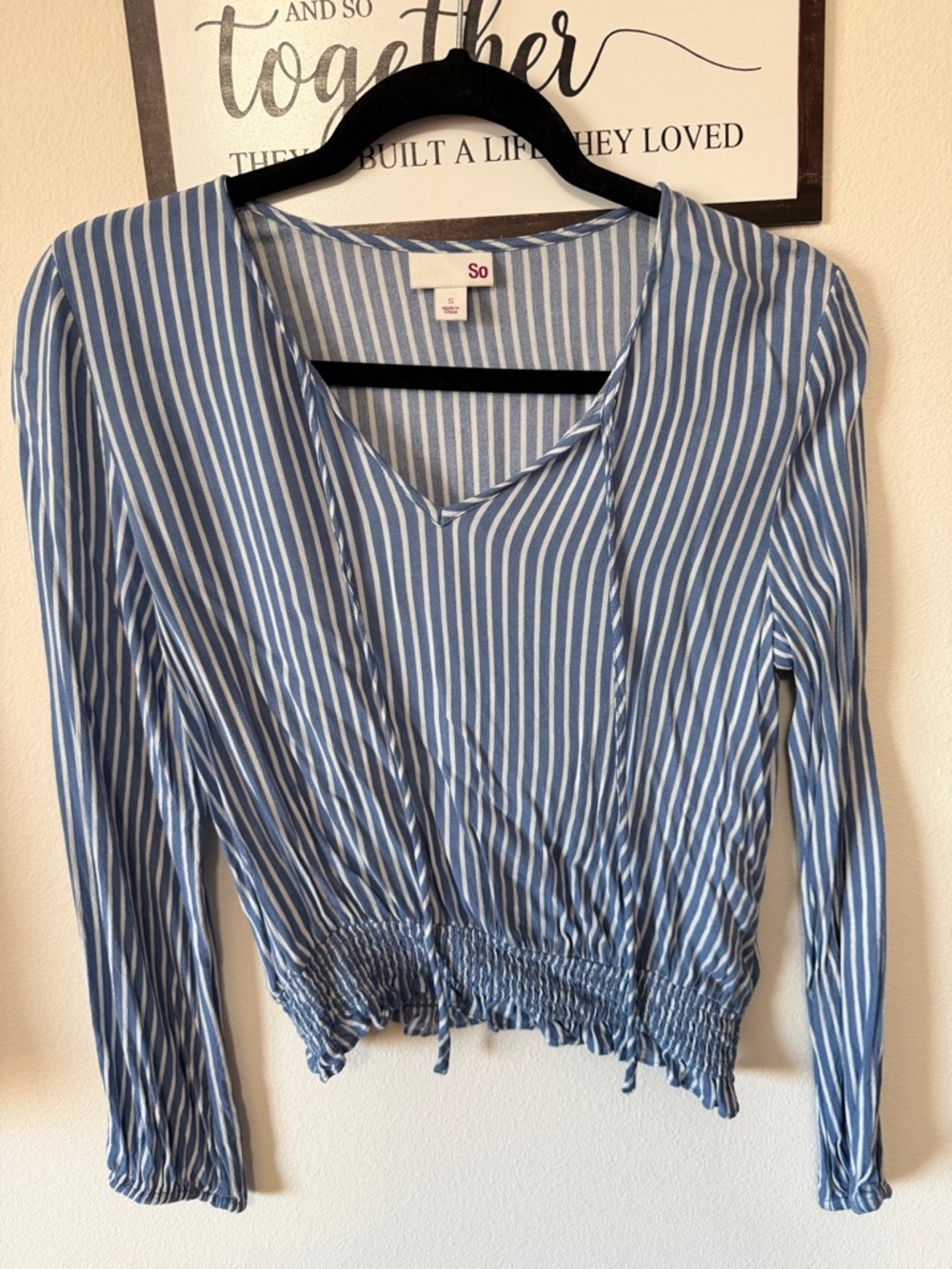 SO Blue and White Striped V-Neck Long Sleeve Top